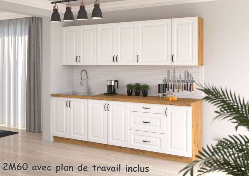 Cuisine stillo blanc et artisan en 2m60 avec plan de travail inclus