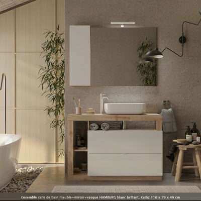 ENSEMBLE MEUBLE 1M10+VASQUE+MIROIR ECLAIRER AVEC COLONNE HAMBOURG