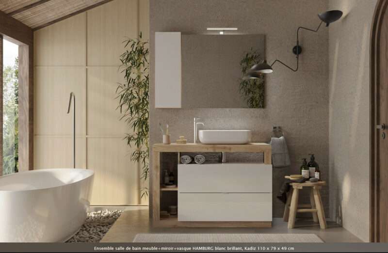 ENSEMBLE MEUBLE 1M10+VASQUE+MIROIR ECLAIRER AVEC COLONNE HAMBOURG