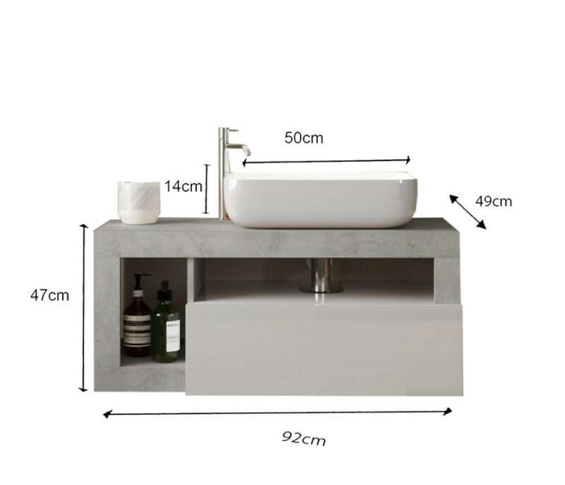 ENSEMBLE MEUBLE SUSPENDU 92 cm+VASQUE+MIROIR ECLAIRER AVEC COLONNE HAMBOURG béton – Image 2