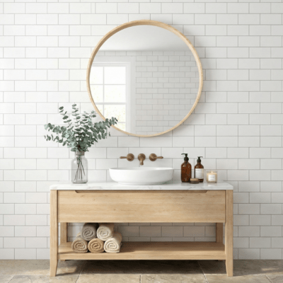 Miroir rond de 80 cm, aspect chêne vieilli.