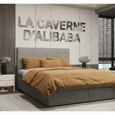 Lit coffre Boxspring Asti tissus gris