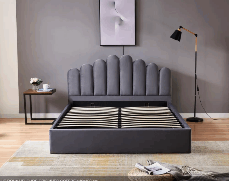 Lit coffre Doha tissu velours Gris1m40 – Image 5