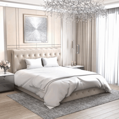 Lit coffre Corsica tissu velours beige1m60