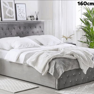 Lit Prestige capitonné en velours gris orné de strass1m60