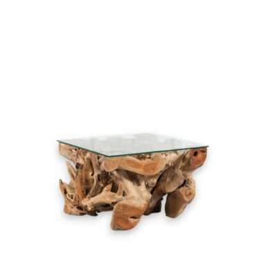Table basse massif 60 cm en racines et plateau verre